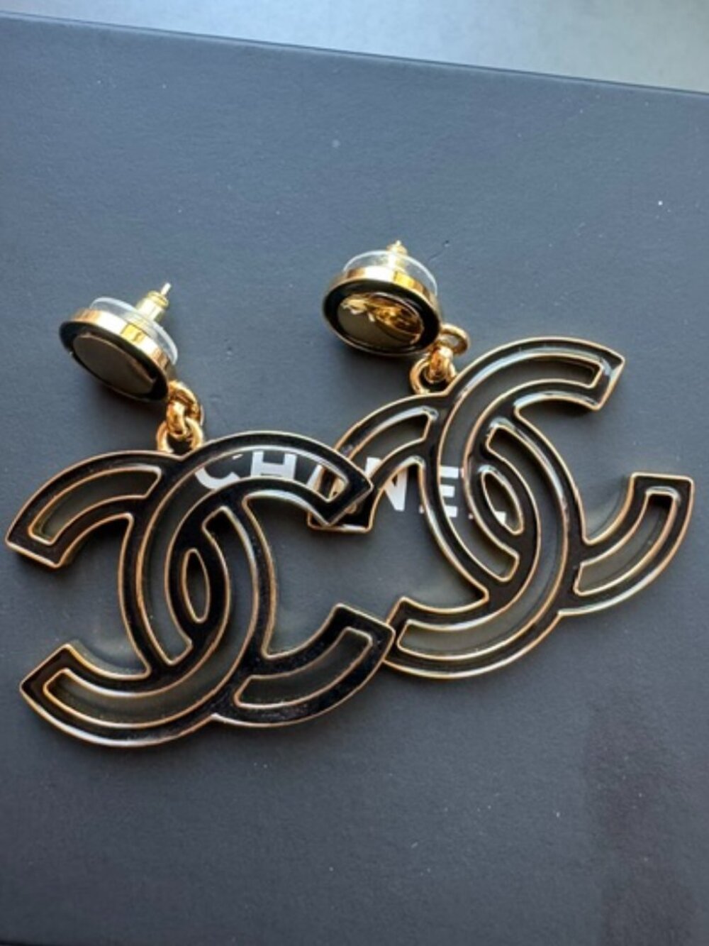 Chanel 2024 Pre Fall Métiers d'Art Manchester Gold Black Logo Earrings w/box